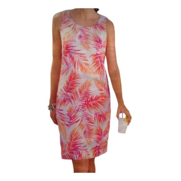 J.Jill Womens Sleeveless Tropical Print Dress Size 14 Pink & Orange Linen - Picture 1 of 7